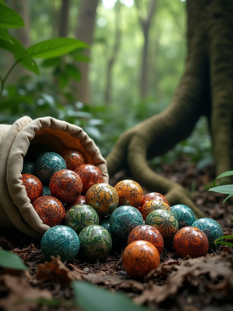 Hyper-realistic marbles made of anodized sterling silver with Polynesian tattoo patterns. A worn canvas sack spills marbles onto the Amazon jungle floor. Lush green vegetation surrounds the scene.