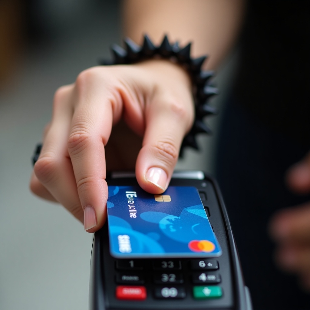 Close-up image of contactless payment. Person using a credit card. Hand above payment machine. Black spiked bracelet on wrist. Blue Visa card shown clearly. Neutral background focuses on transaction. Bright lighting highlights card details. Reflects modern payment methods.