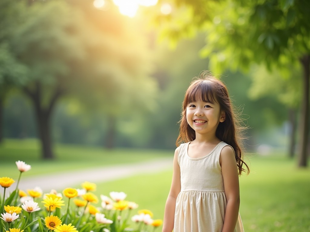 A young girl stands happily in a park surrounded by flowers. She has long, flowing hair and is wearing a light dress. The background is filled with lush green trees and vibrantly colored flowers. The sunlight glows softly around her, creating a warm ambiance. This scene captures the innocence and joy of childhood. It is a perfect representation of a cheerful day spent outdoors.