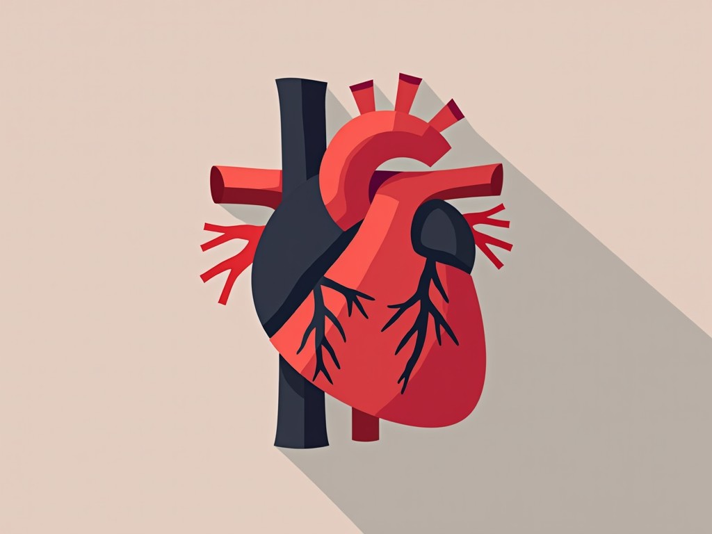 This image is a minimalist illustration of a human heart, showcasing an abstract representation using bold colors. The heart is depicted with simplified shapes and a limited color palette that includes shades of red, black, and orange. The design is set against a neutral beige background, creating a stark contrast that emphasizes the heart's form.