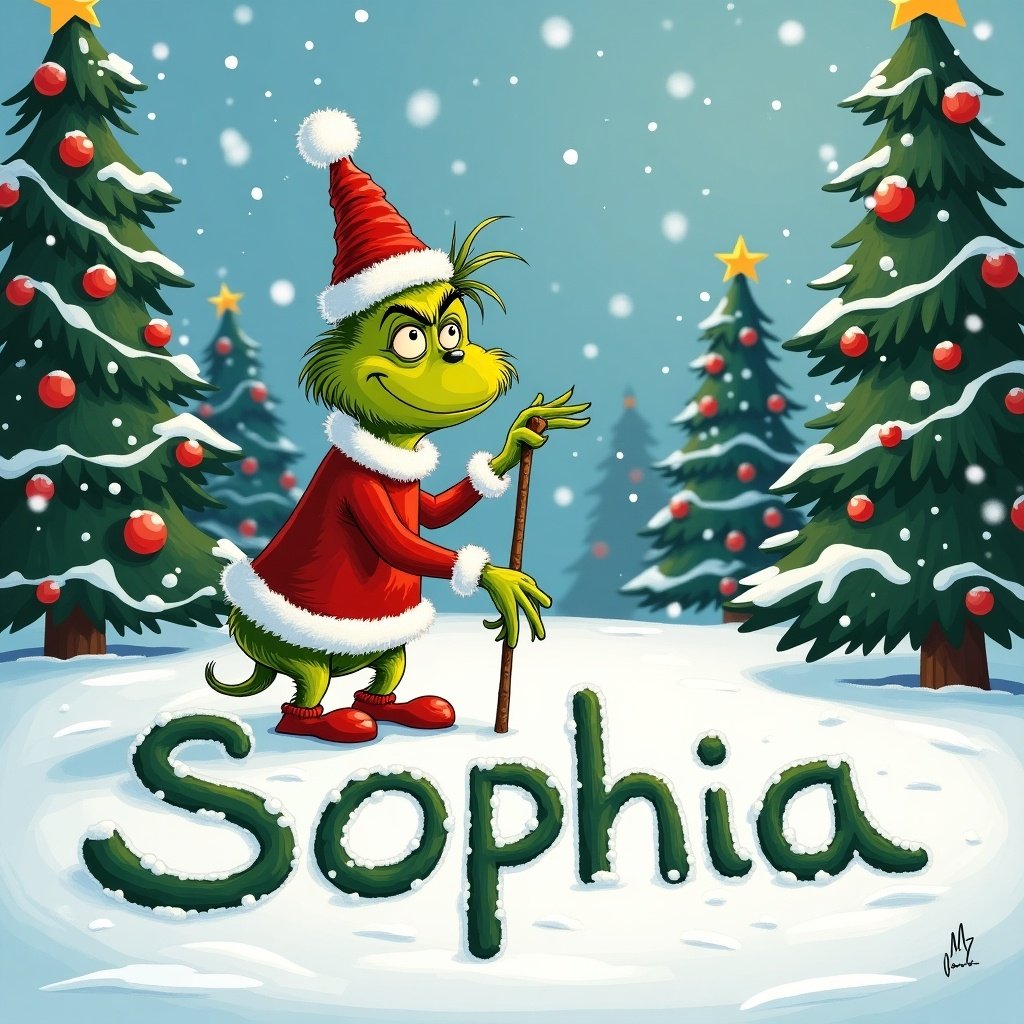 The Grinch character writing the name Sophia in the snow. Festive background with Christmas trees and snowflakes.