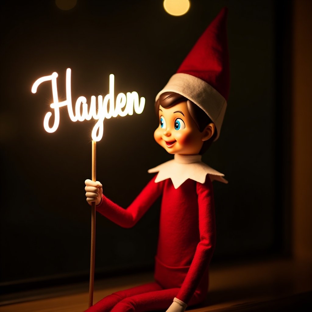 This image features a cheerful elf on the shelf character, adorned in classic red and white clothing, embodying the spirit of Christmas. The elf is joyfully holding a glowing stick that spells out the name 'Hayden', casting a warm light in an otherwise dark setting. The contrast of the glowing text against the dark background adds a festive charm to the scene. This enchanting atmosphere evokes feelings of magic and delight that are synonymous with the holiday season. It is perfect for capturing the essence of holiday joy and celebrating Christmas traditions.