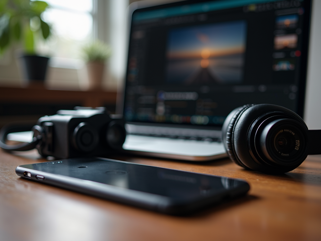 A blurred photo foregrounds a smartphone, with a camera, headphones, and laptop on a wooden table against a background featuring soft natural light and potted plants.