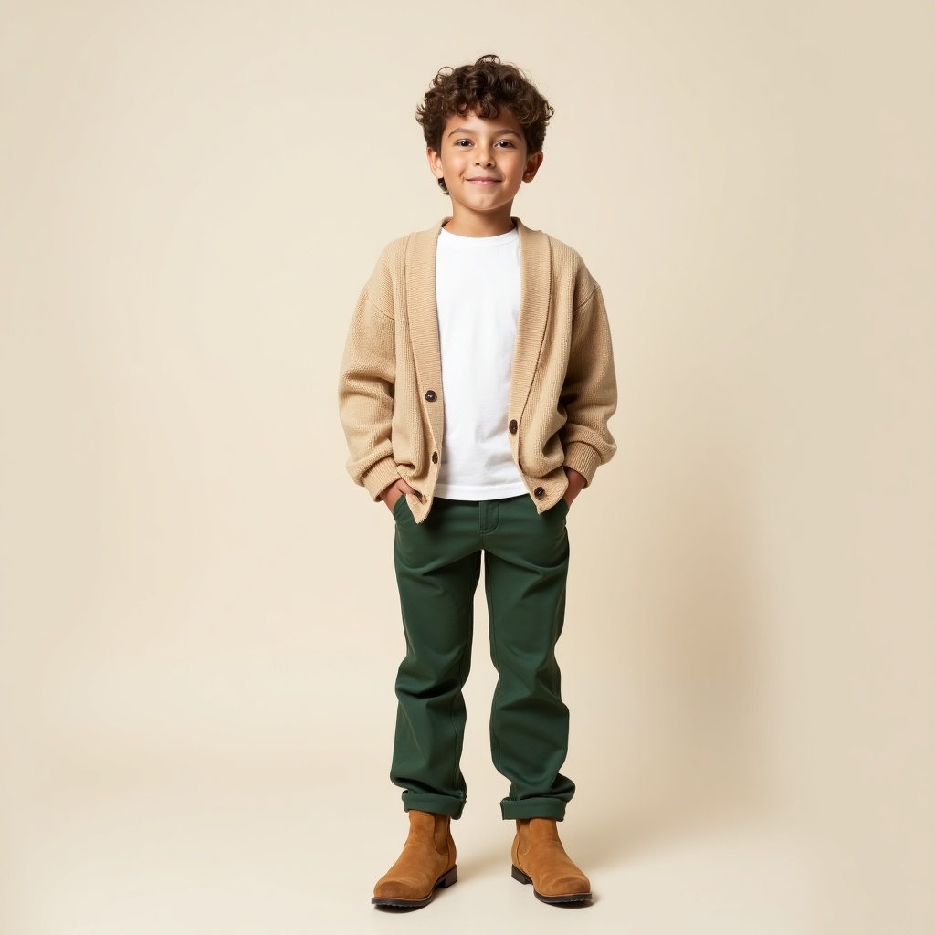 A seven years old kid stands confidently in a fashionable outfit. He wears a cozy beige cardigan that complements a playful demeanor. Stylish green golf pants add a modern touch. A white T-shirt peeks through, enhancing the casual look. Chic beige suede boots elevate the style. The background is a soft, neutral color, focusing all attention.