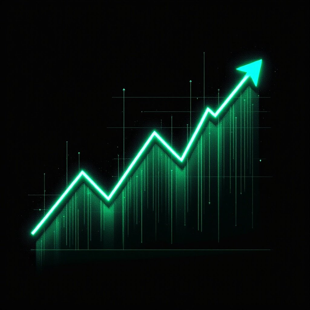 Graph showing stock market growth with a neon green line. Background is black. Line moves upwards. Vertical and horizontal lines indicate data points. Neon glow effect enhances visibility.