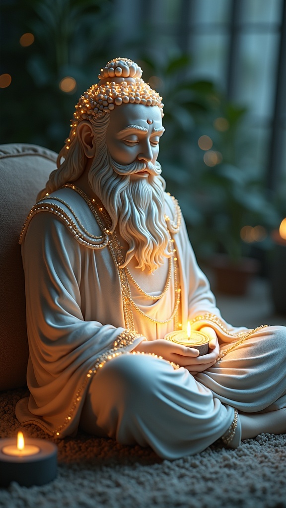 A serene statue of a sage sitting in a meditative posture, holding a lit candle in its hands. The soft glow of candlelight highlights the intricate details of the sculpture's robes and facial expression, creating an atmosphere of tranquility. The background is softly blurred, with hints of greenery suggesting an indoor garden setting.