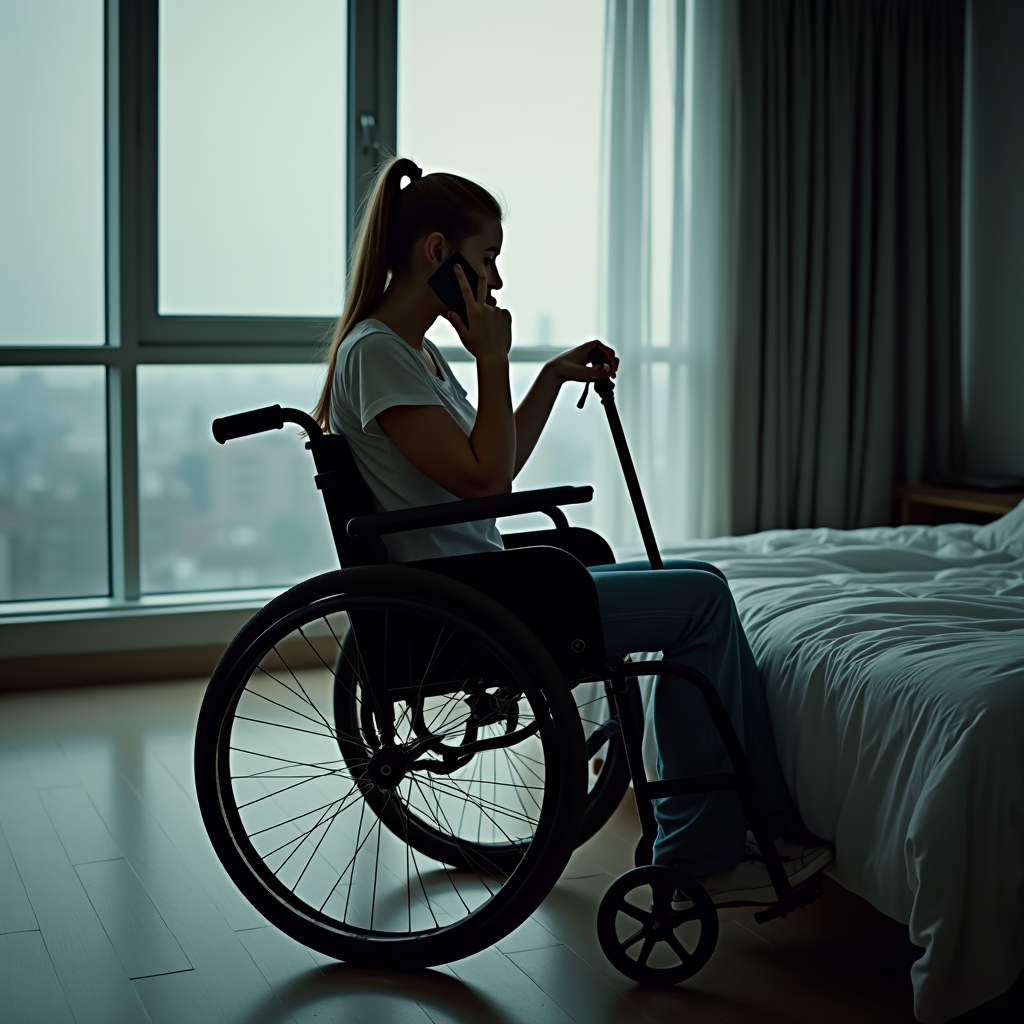 A woman in a wheelchair, silhouetted against a large window, makes a phone call while sitting beside a bed in a dimly lit room.