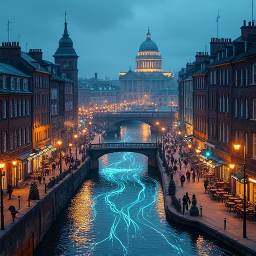 Dublin city at twilight. Canal reflects blue lighted path. Buildings illuminated with warm streetlights. Crowds walking along the waterway. Historic landmarks visible in the background.