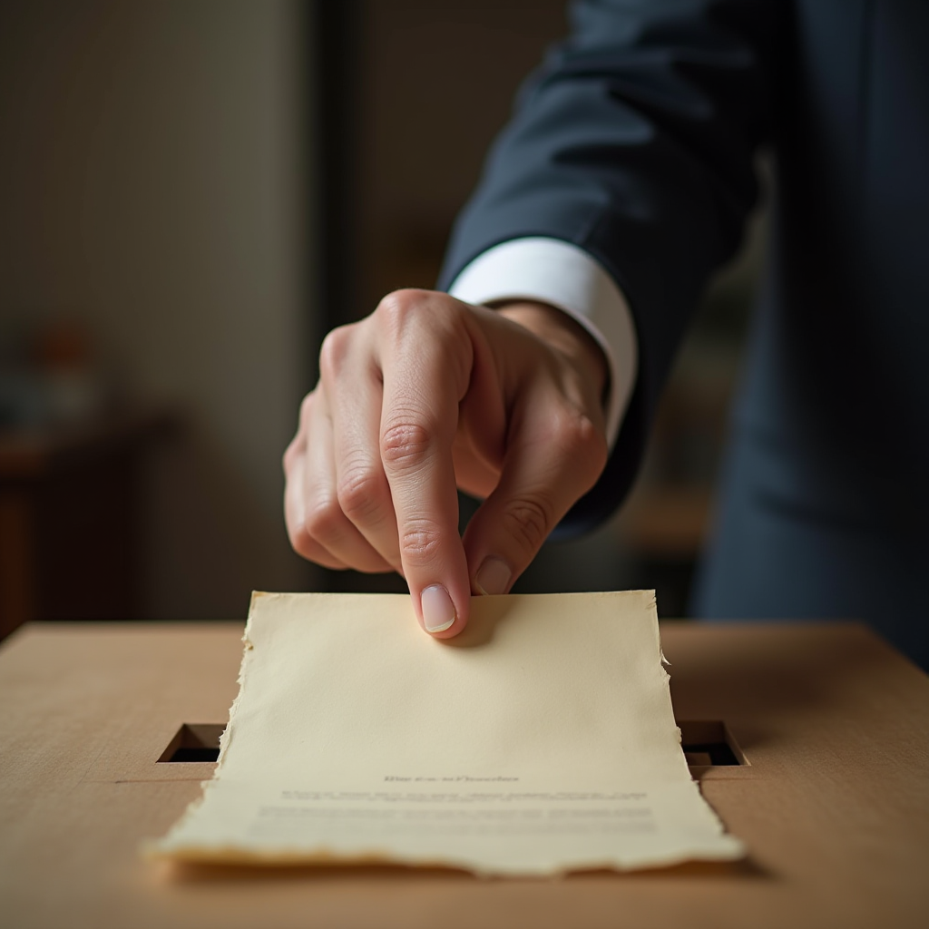 A person in a suit places a paper into a wooden box.