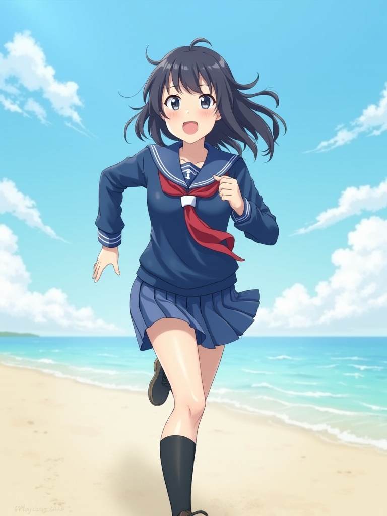 Girl wearing blue student uniform runs joyfully on a sandy beach with a sunny sky and ocean in the background.