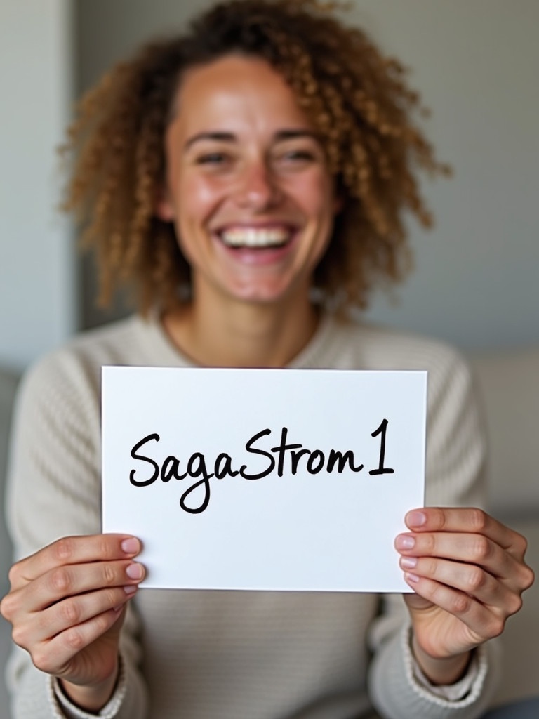 Smiling person holds a sign. Sign has handwritten name 'SagaStrom1'. Person appears joyful. Right arm is fully visible.