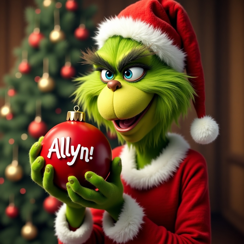 The Grinch holds a red ornament featuring the name Allyn. Background shows a decorated Christmas tree. Grinch is dressed in a Santa outfit.