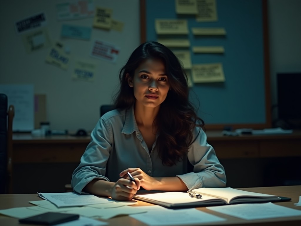 A young Indian woman is seated in a dimly lit room, facing the camera with an expression that blends calmness and seriousness. Dressed casually, she rests her hands on the table filled with scattered papers, a notebook, a pen, and a magnifying glass, indicating her involvement in an investigation. Around her, the room reflects a detective's workspace with a crime board displaying various clues and evidence pinned to the wall. The focused lighting accentuates her glowing face, enhancing the scene's dramatic effect. This composition perfectly captures the essence of a crime investigation setting.