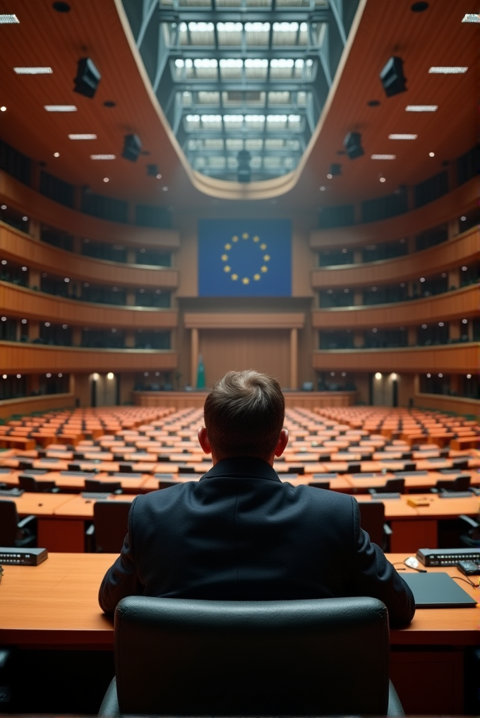 A lone figure sits at a desk in a vast, empty parliamentary chamber with the European flag prominently displayed in the background.