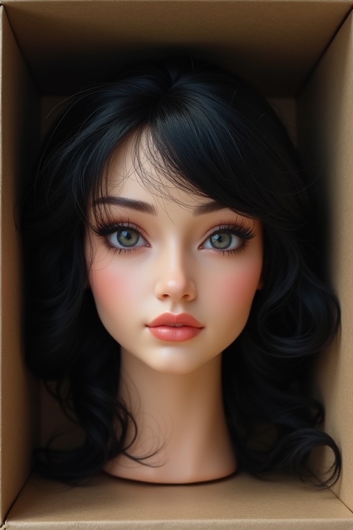 Realistic female head with black hair placed in a box. The hair is long and styled with soft curls. The background is a cardboard box that frames the wig attractively.