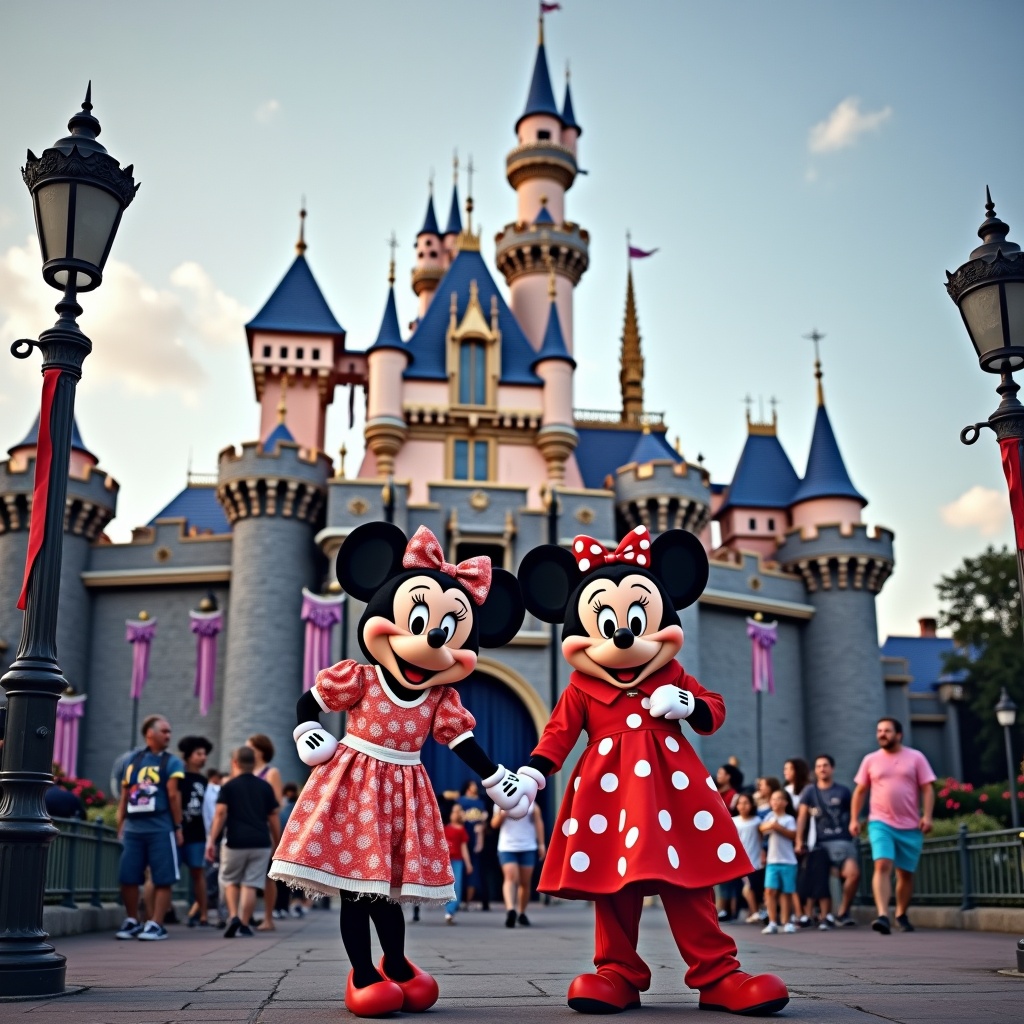 Minnie Mouse and Mickey Mouse stand hand in hand in front of a colorful Disney castle. The characters are in their iconic outfits. Families visit the theme park in the background.