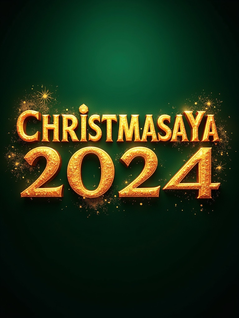 Richly embellished golden letters spelling 'CHRISTMASAYA 2024'. Letters show intricate designs. Set against a dark green background. Background features glowing particle effects.