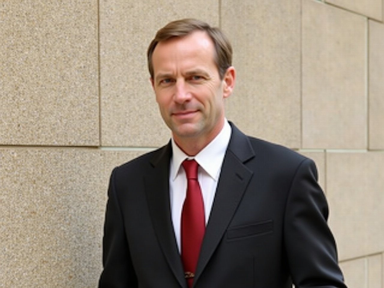 The image shows a man dressed in a formal black suit with a white shirt and a red tie. He stands against a textured stone wall, which provides a neutral background for his formal attire. The man's expression appears serious as he looks directly at the camera. His short hair is neatly styled, and there are no visible accessories. The lighting is soft, highlighting the subject's features without harsh shadows. This setting suggests a professional or business environment, possibly at an event or conference.