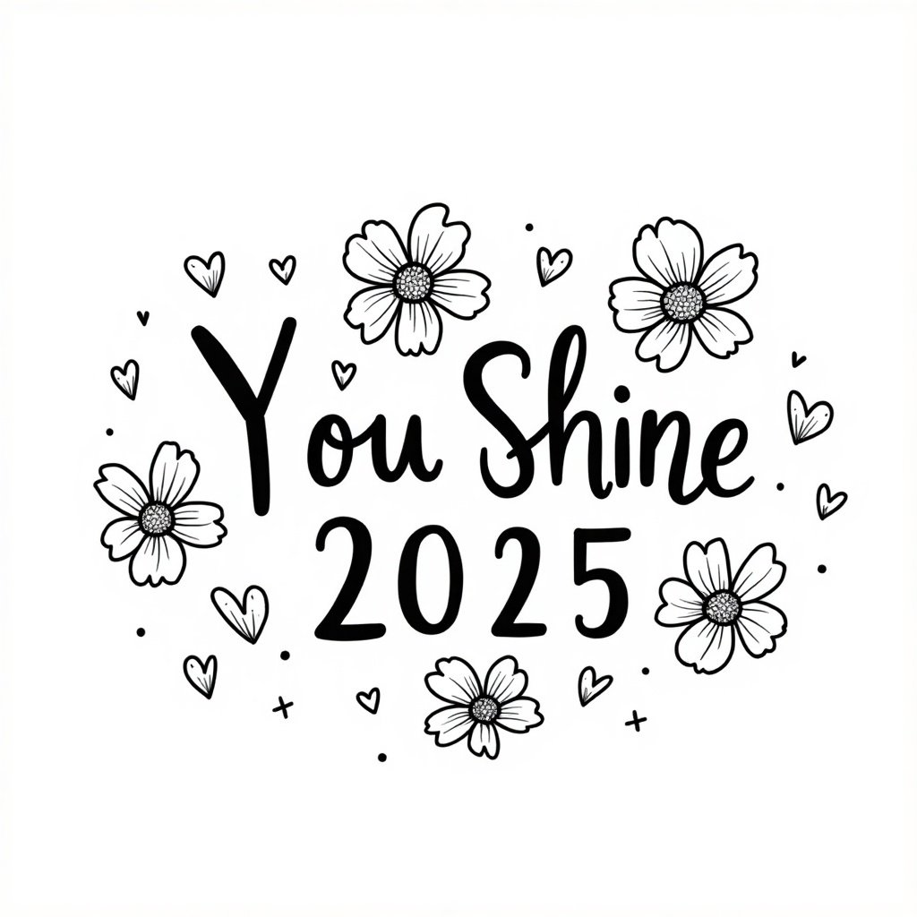 This doodle art features the phrase 'You Shine 2025' prominently in the center. The design is monochromatic, utilizing only black and white. Surrounding the text are cute doodles of flowers and heart shapes, adding a whimsical touch. The flowers are simple yet charming, enhancing the overall positive vibe of the piece. This art conveys a message of friendliness and encouragement for the year 2025, making it perfect for various creative applications.