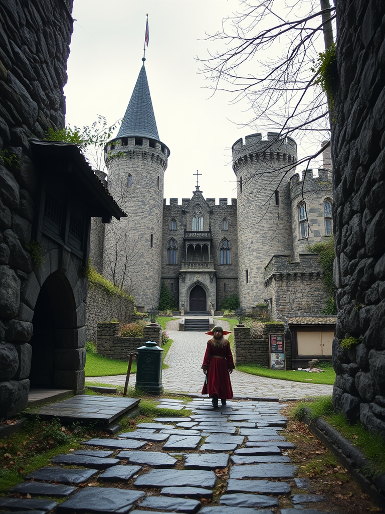 A person in medieval attire stands before an imposing stone castle.