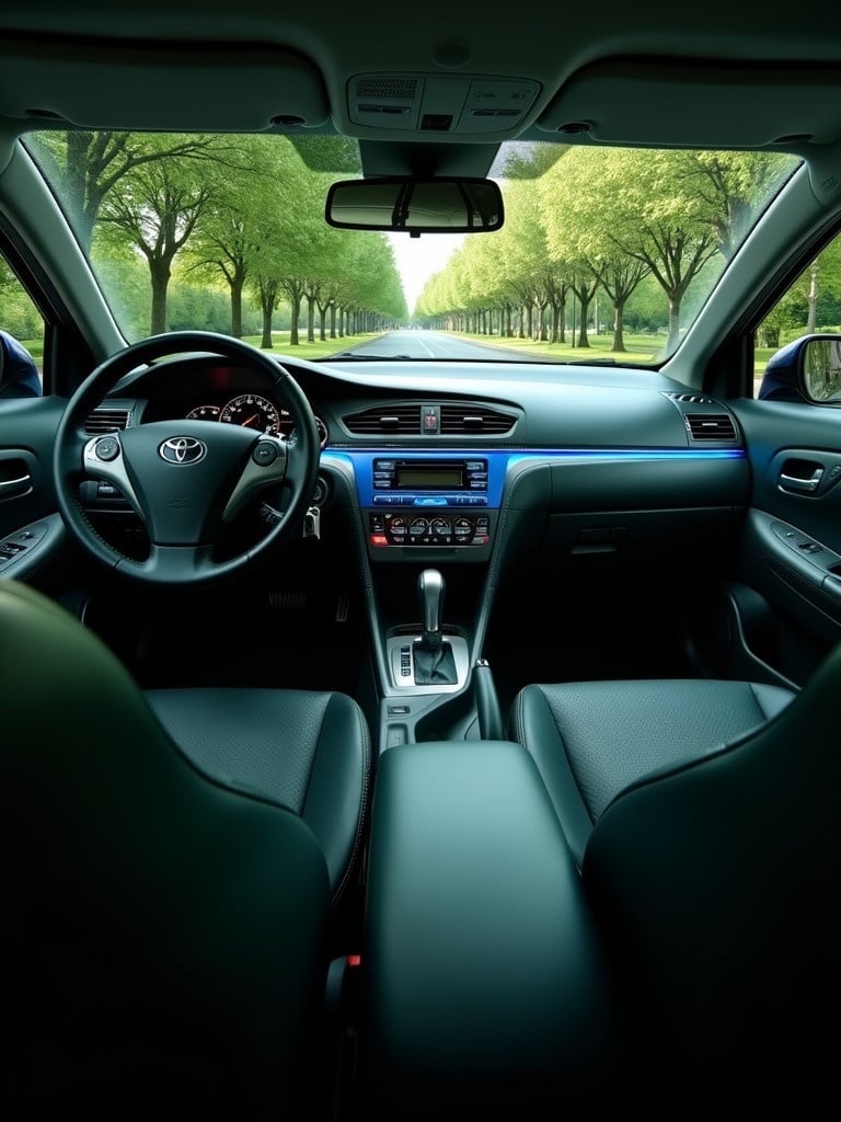 Image shows the interior of a 2006 Toyota Belta sedan. Seats are upholstered in dark green and black leather. Dashboard features a combination of white and dark green leather. Ambient lights are blue. Windshield reveals a tree-lined road.