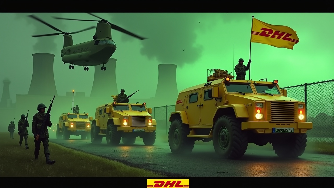 In a dramatic scene, several yellow armored vehicles drive up to a fence. The armored vehicles are painted with the DHL logo. Nearby, several soldiers holding rifles are seen marching together in unison. One soldier stands valiantly holding a flag with the DHL logo. In the background, we can see the smokestacks of a nuclear power plant, glowing green. The sky is illuminated by an evil green glow, and a large Chinook cargo helicopter with the DHL logo flies above, adding to the intensity of the scene. At the bottom, we see the DHL logo, displayed in bold, yellow text.