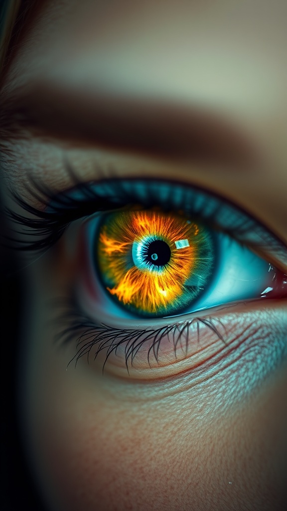 A close-up of a human eye with a vibrant, flame-like pattern in the iris.