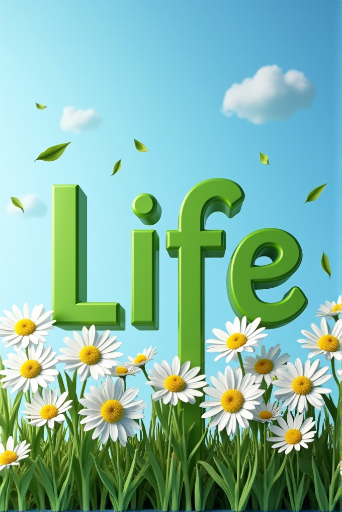 The word 'Life' is depicted in bold green 3D letters amidst a field of white daisies, with a blue sky and fluffy clouds in the background.