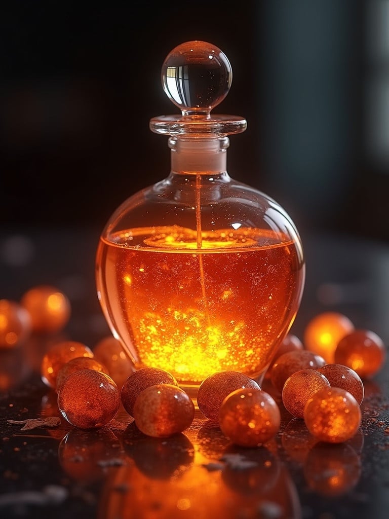 A potion bottle has a round shape with a bulbous base and spout. It contains a fiery orange liquid that radiates soft embers. The bottle is clear glass with a round top. Round marbles made of American bouquet granite surround the bottle. They create a hyper-realistic look. Rim lighting adds a glow to the scene. The overall theme is fantasy.