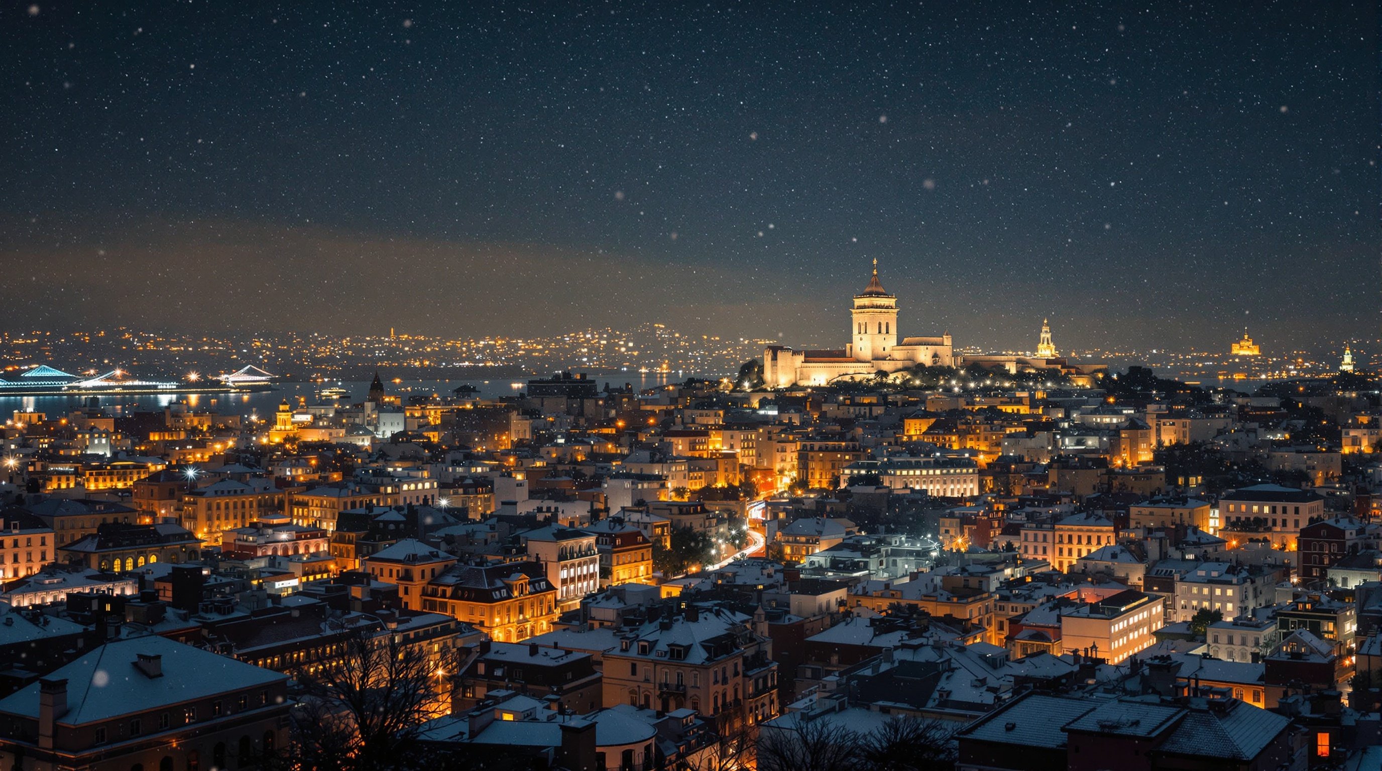 Wide shot of a snowy, festive cityscape at night. Iconic landmarks like Torre de Belém in Lisbon in the background. Twinkling lights. Gentle snowfall creates a magical atmosphere. Shot on Arriflex Alexa. Ultrarealistic style.