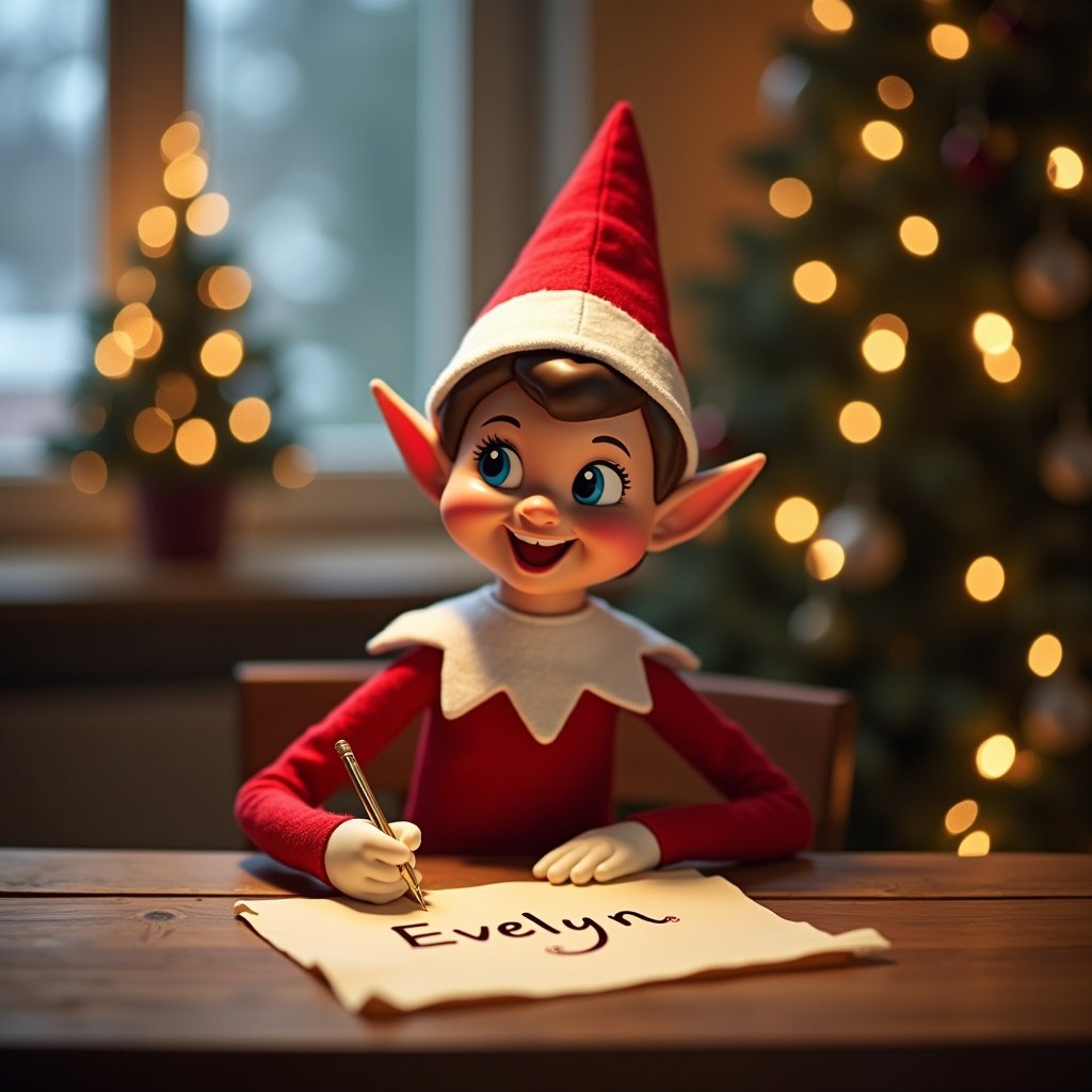 A cheerful elf sits at a wooden table writing on parchment. The elf wears a red outfit with a white collar and hat. The name 'Evelyn' is being written. The background is a cozy festive setting with fairy lights and a Christmas tree. Soft warm lighting creates a holiday atmosphere.