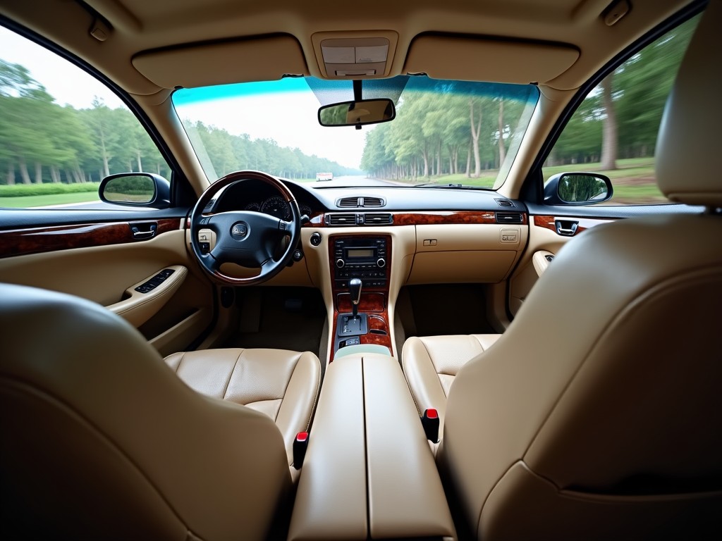 This image shows the interior of a 2002 mid-size luxury sedan. The seats are upholstered in beige leather, providing a warm and inviting feel. The dashboard features wood accents that enhance the luxurious look. A clear view through the windshield reveals a tree-lined road, adding to the sense of spaciousness. The image captures a blend of elegance and functionality typical of luxury sedans from that era.