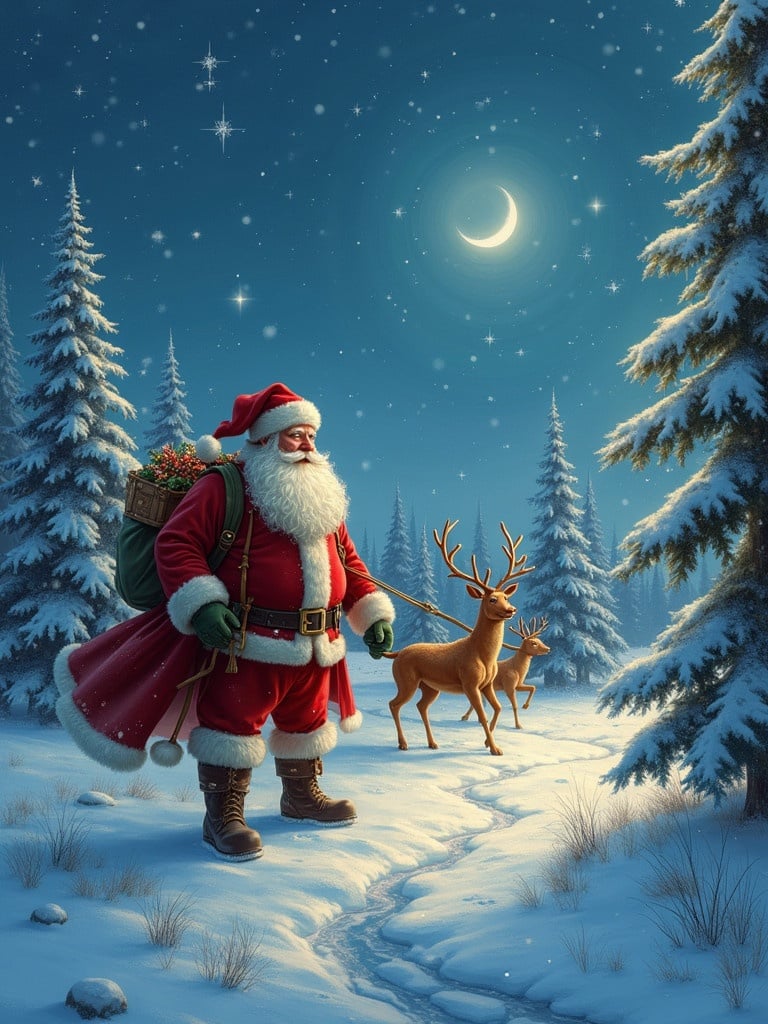 Santa Claus dressed in red coat and hat stands in a snowy forest. He brings Christmas magic surrounded by snow-covered evergreen trees. Two reindeer look on as the moon shines in the night sky. Stars twinkle in the backdrop.