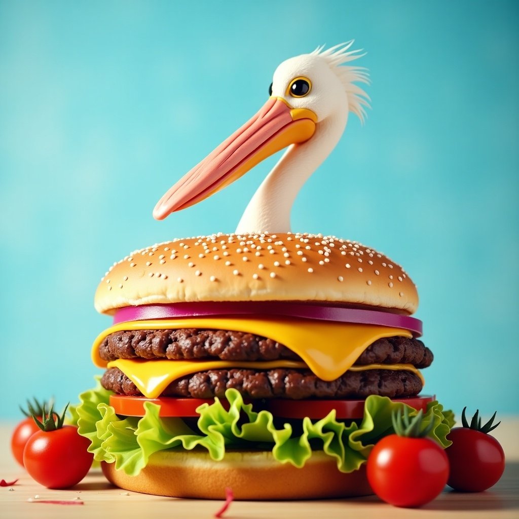 A pelican stands happily in a large cheeseburger. The pelican smiles with teeth. The burger has multiple layers including cheese, lettuce, and tomatoes.