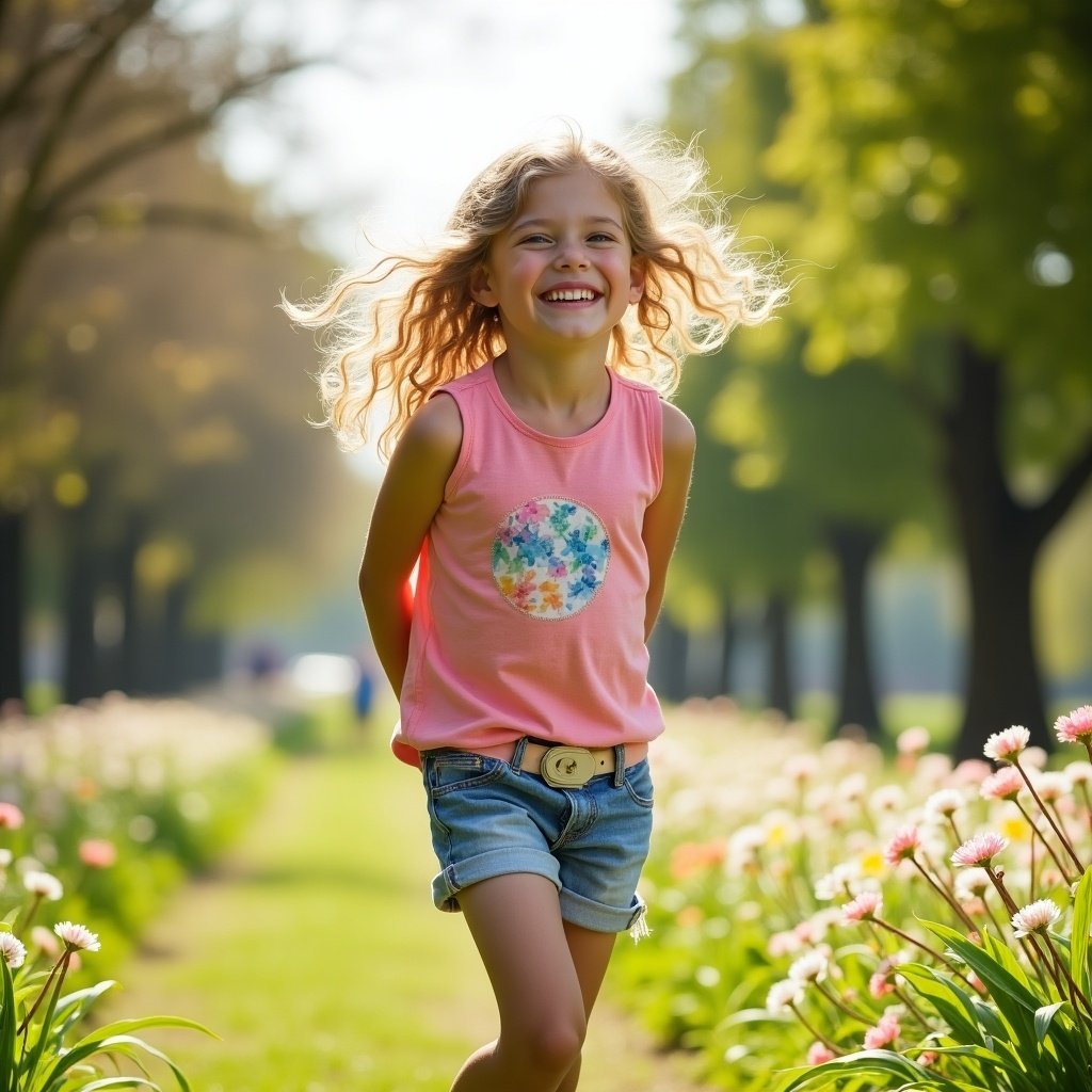 Happy girl in a garden, wearing a colorful tank top and shorts. She is running with hands behind her back. Sunlight filters through the trees illuminating the path. Flowers line the walkway.