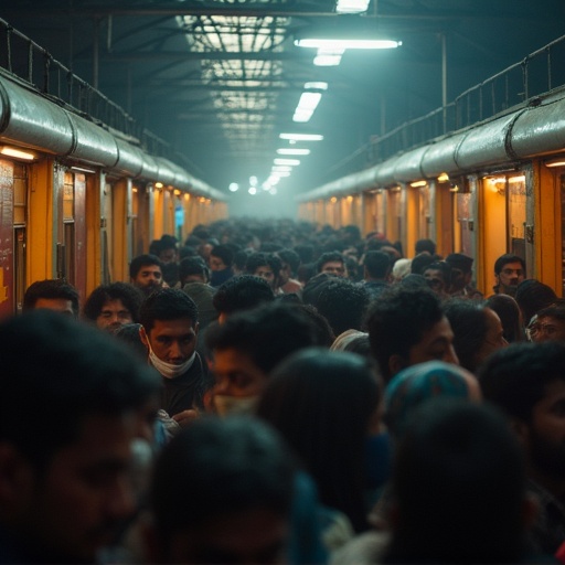 Image depicting a crowded Indian train station. Multiple people standing close together on a train platform. Yellow walls and gray metal structure. Dimly lit ambiance created by overhead lights. A sense of movement and hustle in the environment.