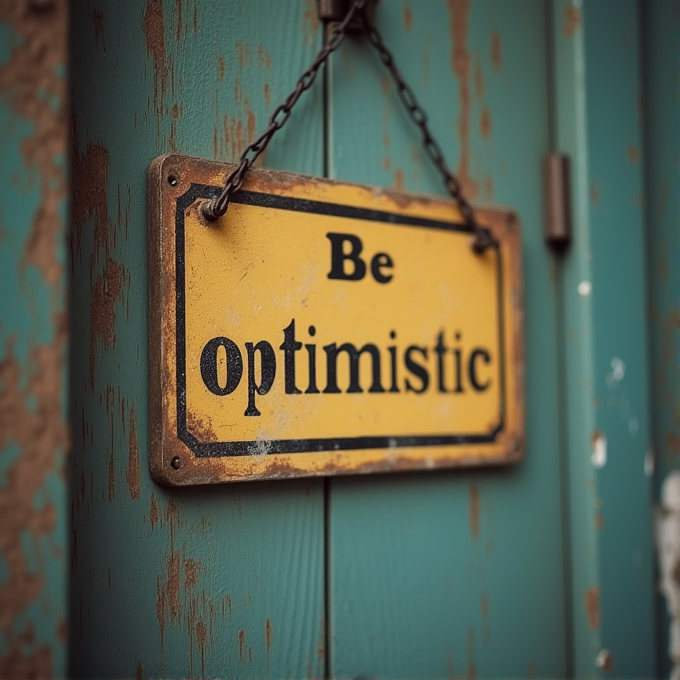 A rustic sign displaying the phrase 'Be Optimistic' hangs on a worn, teal-colored wooden surface.