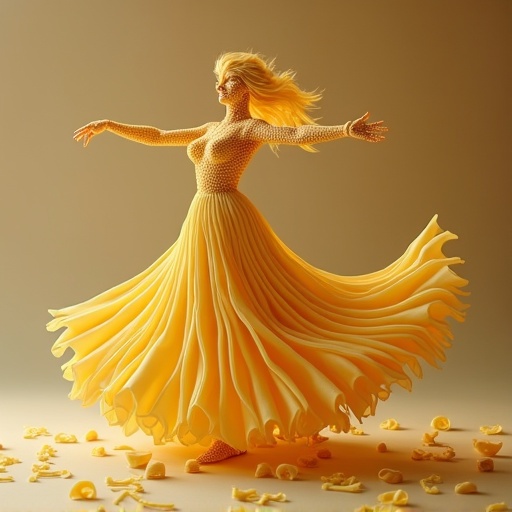 A woman figure made entirely of pasta dancing joyfully. Long pasta noodles flow like a skirt around her. Bright yellow tones dominate the scene. The figure conveys elegance and motion.
