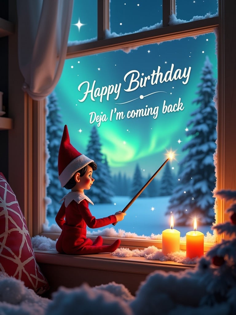 Image features a magical scene with an elf sitting by a window. The elf uses a wand to write Happy Birthday in the sky. Background shows Northern Lights and snow-covered trees. Room is warmly lit with candles creating a cozy atmosphere. The image blends Christmas and birthday themes.