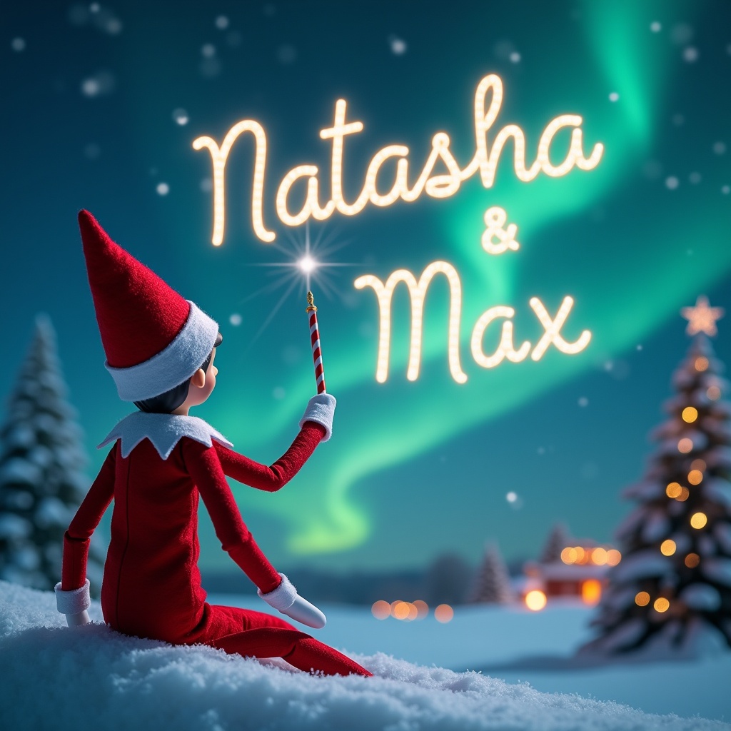 An enchanting scene depicting an elf on the shelf with his back turned. The elf is wearing a traditional red outfit with a pointed hat, seated on a snowy landscape. He is using a magical wand to write the names 'Natasha' and 'Max' in twinkling lights across a starry night sky filled with northern lights. The background features cozy, illuminated Christmas decorations, including a distant Santa, adding to the festive atmosphere. Snow-covered trees surround the elf, creating an idyllic winter wonderland setting.