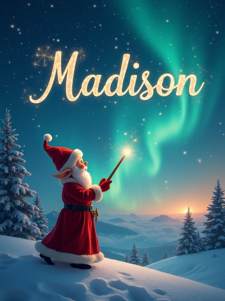 Elf facing the sky. Uses a wand to write in the sky. Magical Christmas background features northern lights. Name 'Madison’ appears in the sky. Elegant writing style.