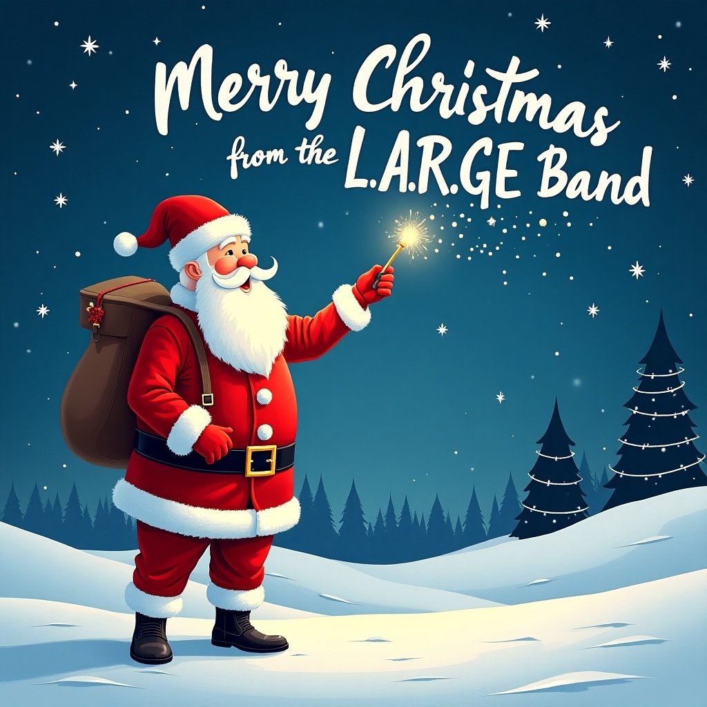 Santa Claus stands in a snowy landscape. He writes in the sky with a magical wand. The greeting says Merry Christmas from the L.A.R.G.E Band. Snowy trees surround him. The scene is festive and joyful.