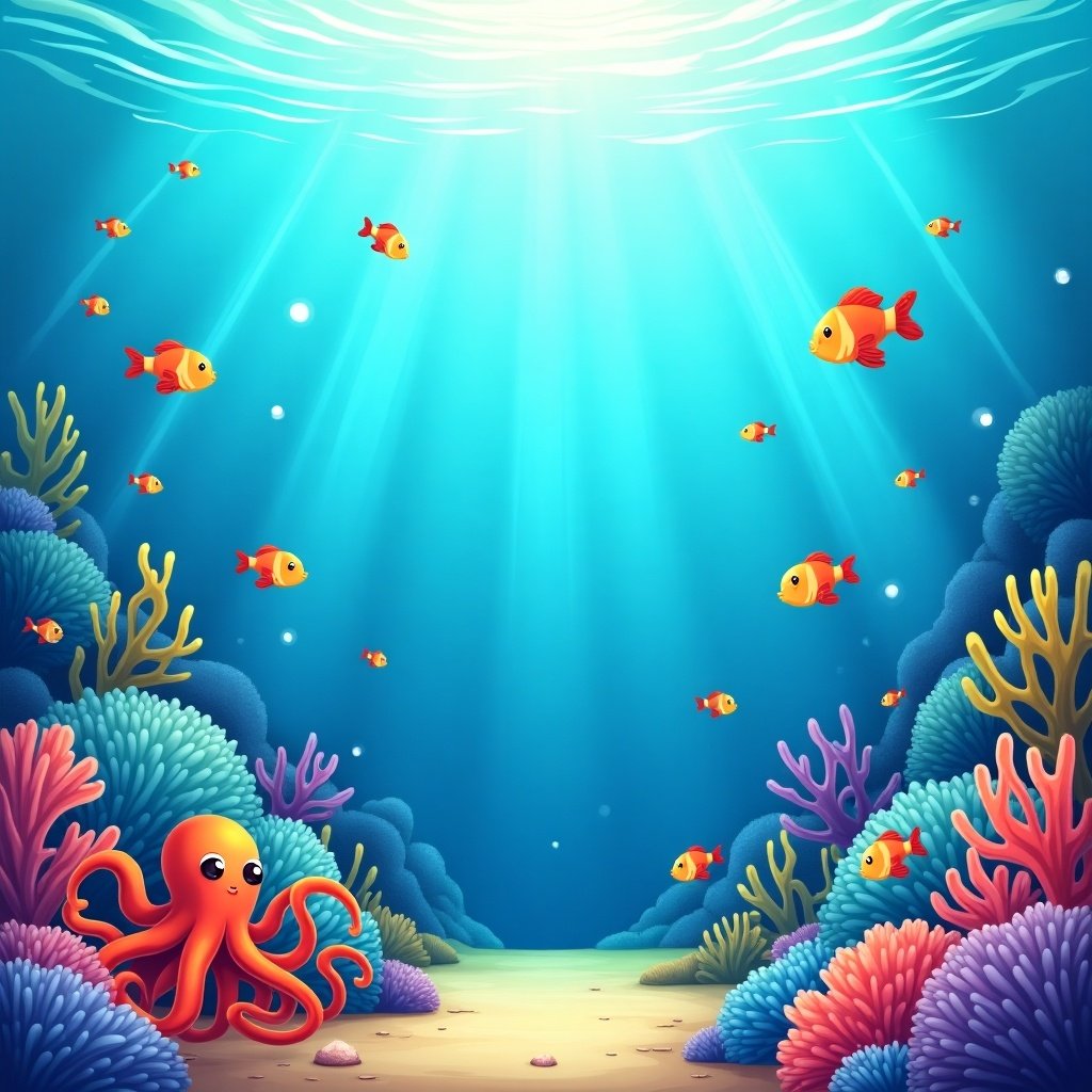 Cartoon-style illustration of a lively underwater scene. Colorful fish swimming in blue ocean. Prominent octopus among coral at bottom. Diverse coral reefs showcasing shapes and colors. Sunlight filtering down creates a serene environment.