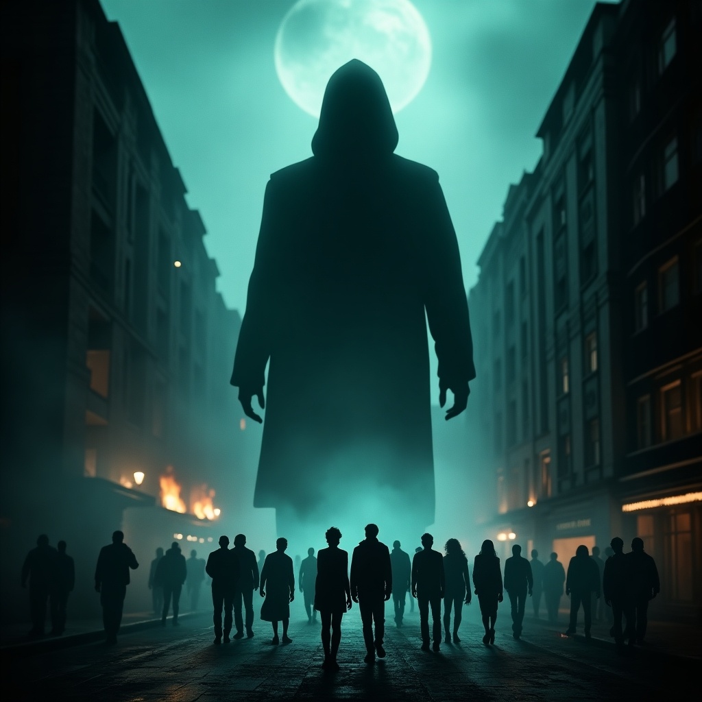 Chilling movie poster showcasing a group of people in front of a towering silhouette in a misty city. Background features burning buildings creating an eerie atmosphere. The man's shape dominates the scene, casting a shadow. Soft teal glow enhances the suspense. Poster evokes fear and anticipation. Perfect for horror film.