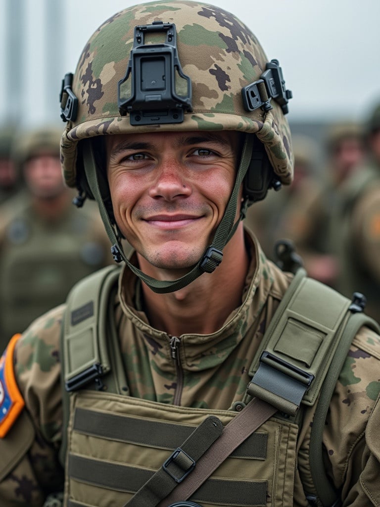 Soldier in military uniform with helmet and gear. Camouflage pattern visible. Background shows other soldiers in formation. Focus on the military equipment and uniform style.