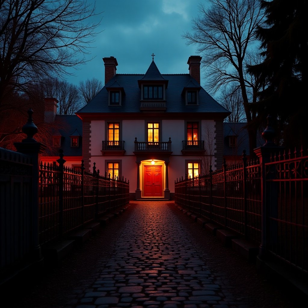 The image features a stunning old mansion set against the backdrop of a night sky. A cobblestone pathway leads up to the house, inviting yet foreboding. The mansion windows are glowing warmly, casting an intriguing light on the scene. Red fences outline the property, adding to the gothic charm. The trees surrounding the mansion are bare, enhancing the eerie ambiance of the night. A sense of mystery lingers in the air, making it intriguing for viewers.