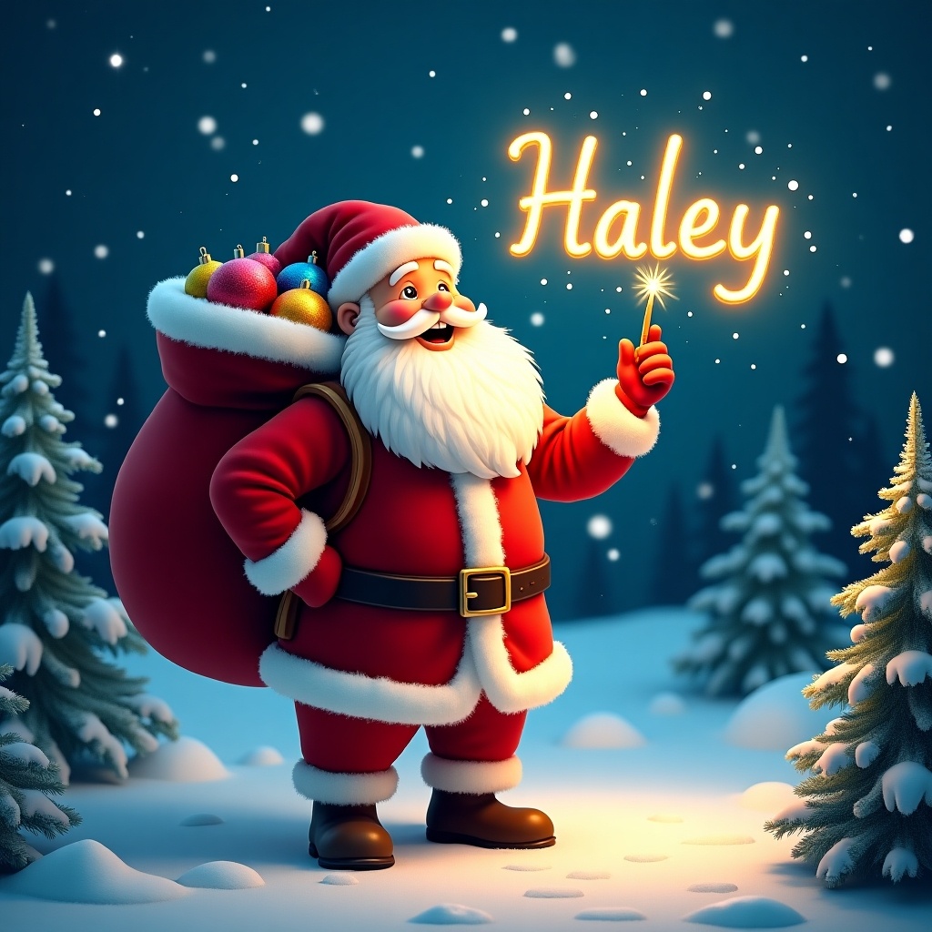 Santa Claus stands joyfully in a snowy landscape with evergreen trees. He holds a glow stick, writing 'Haley' in the air. A large red sack filled with colorful ornaments is slung over his shoulder. The scene has a warm glow with twinkling stars in the night sky. Classic Christmas spirit is depicted in this magical atmosphere.