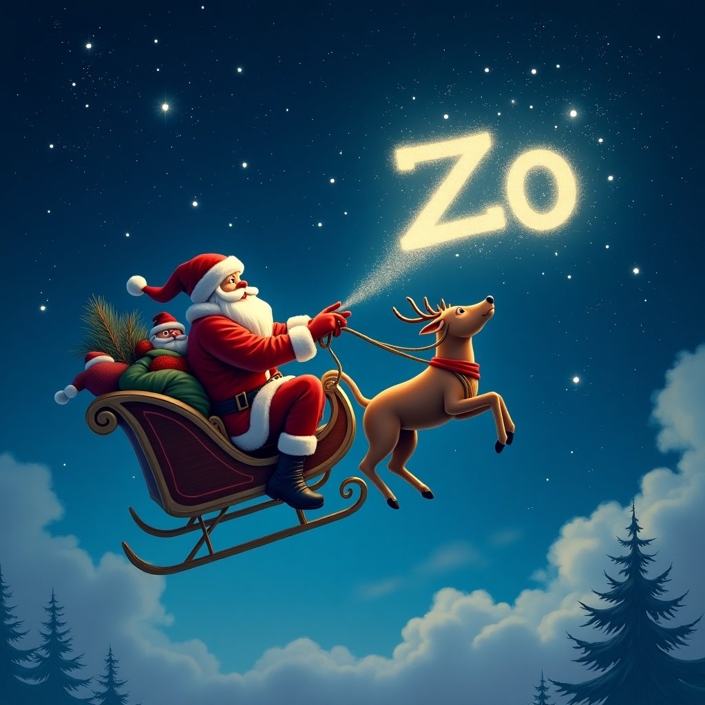 Santa Claus flies through the night sky in a sleigh writing the name Zoë with magic.