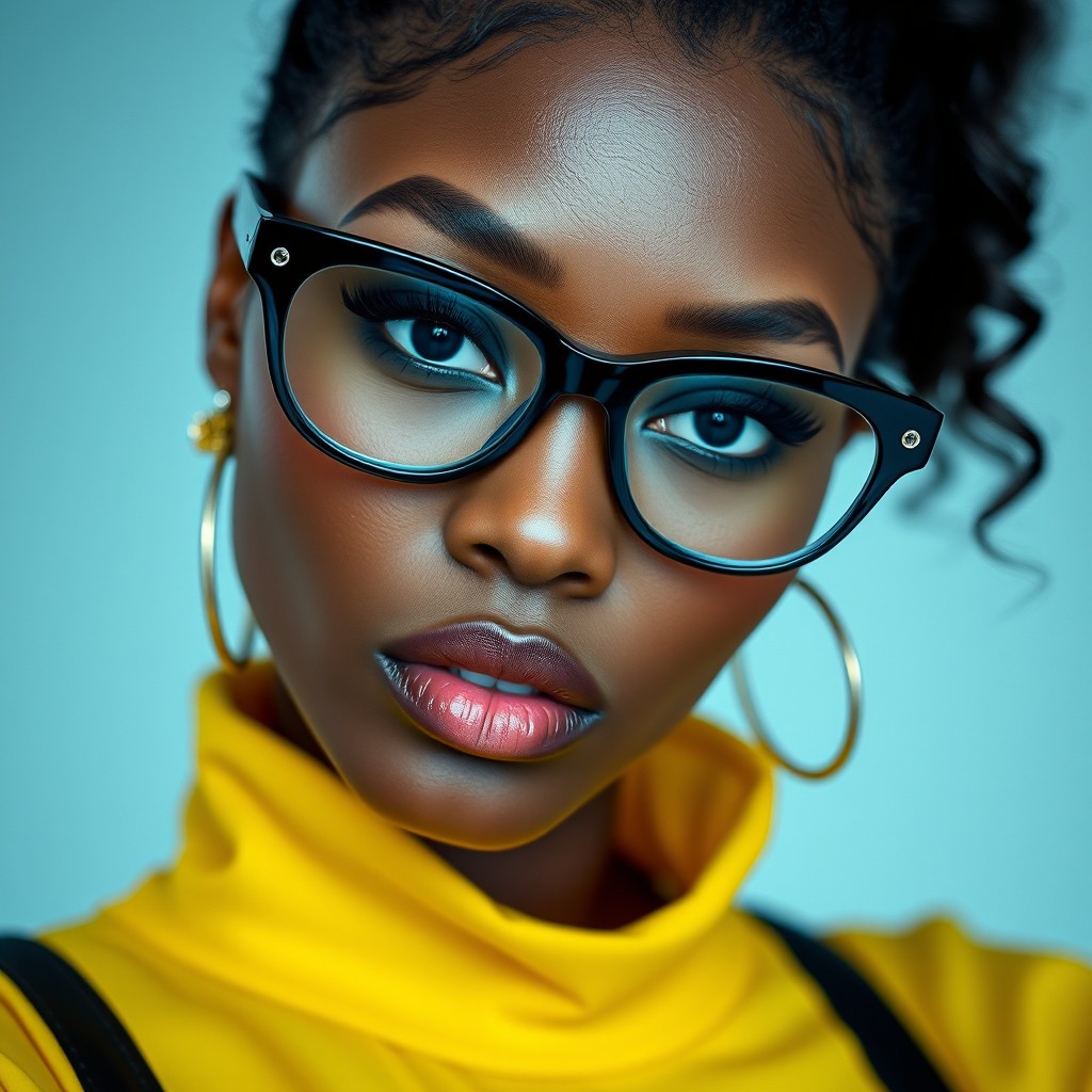 A portrait of a woman wearing bold glasses and a yellow top, exuding confidence and style.