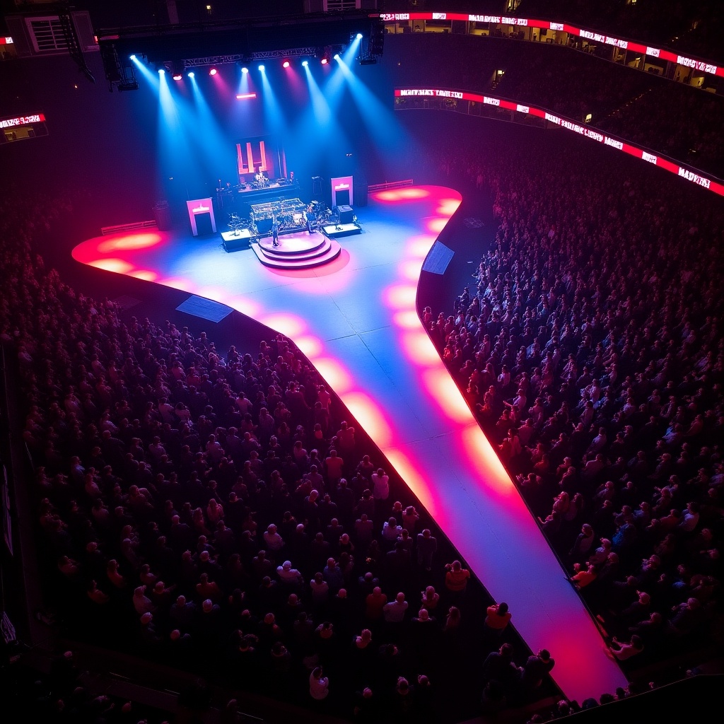 Aerial view of a T-shaped stage at a Roddy Rich concert in Madison Square Garden packed with fans. Colorful lights illuminate the stage and crowd.